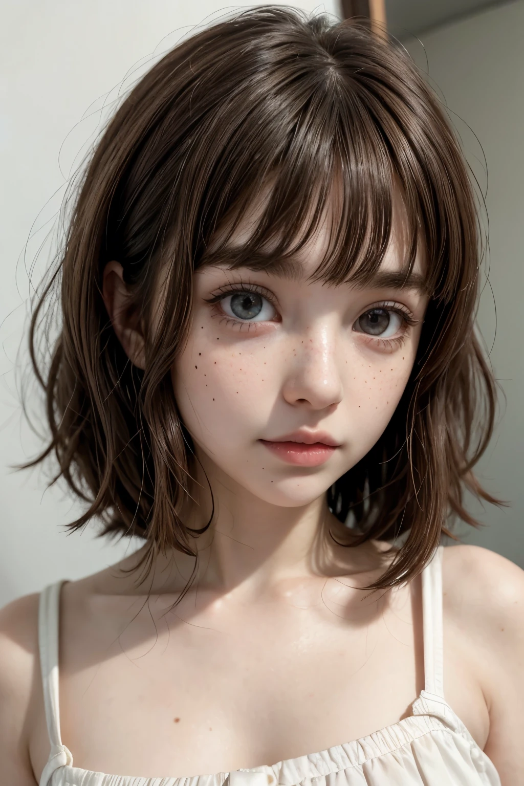 blythe doll with dark brown hair with bangs, light brown eyes, pale skin with freckles and moles 