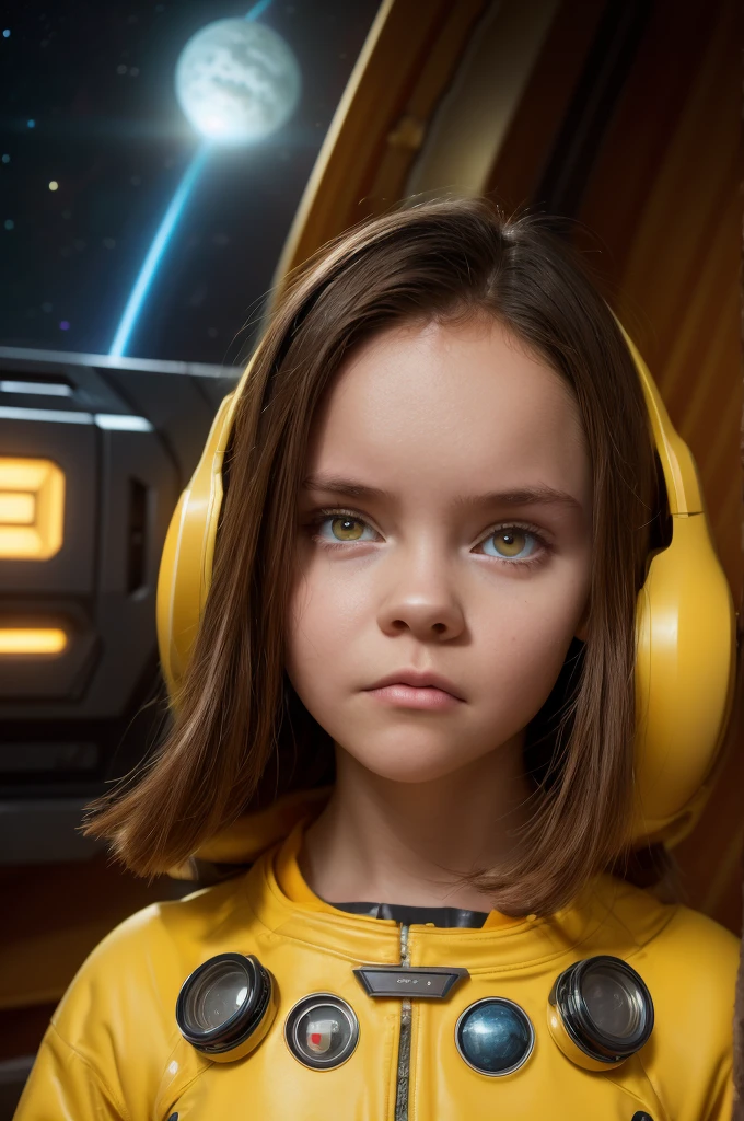 (***********, ************, Brown hair, photorealistic, pale skin), (yellow (eyes:1.2)), (slim build:1.3), (fantasy space suit), beautiful face, symmetrical face, greg rutkowski, Wlop and Sam Kuvshinov, (wide), blonde eyelashes, large iris, large pupil, whole body, standing at the bottom of the cosmodrome, art station, 8k, Science fiction, pastel colours, accessories, panel, concept, futuristic, grumble, simon stalenhag, space, in outer space, a spaceship in the sky, technological blocks