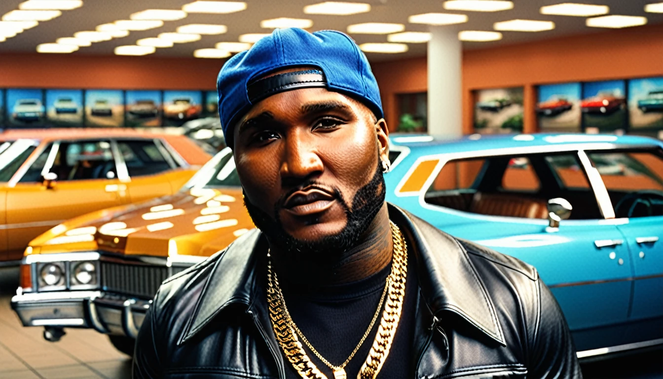 1970s photo of young jeezy at a car dealership, detailed portrait, perfect lighting, dramatic expression, 1970s aesthetic, classic car dealership interior, hyperrealistic, 8k, ultra-detailed, realistic, photorealistic, high quality, studio lighting, sharp focus, physically-based rendering, extreme detail description, professional, vivid colors, bokeh