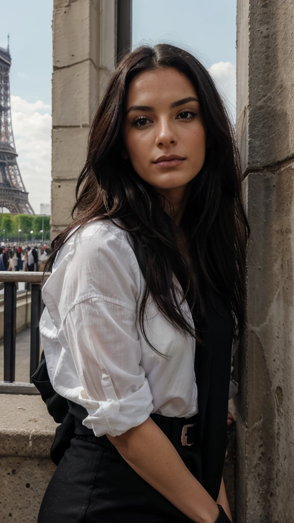 Genere moi une model de 30 ans avec les cheveux noir et des trait hispanic entrain de pose devant la tour eiffel avent les jo