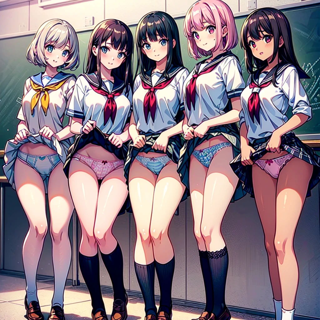 ((masterpiece, highest quality, High resolution, 超High resolution, Perfect Pixel, Depth of written boundary, 4K, RTTX 10.0, High resolution))), (Five adult women:1.3), Beautiful Anime Woman, Beautiful art style, Anime characters, ((Long Hair, bangs, Dark brown hair, Various hairstyles)), ((Beautiful eyelashes)), ((Detailed face, blush:1.2)), ((Smooth texture, Realistic texture, Anime CG Style)), Perfect body, Slender body, Exact finger count、Exact number of legs、Exact number of arms, (blush:1), (The five women are standing side by side, lifting their skirts to greet the crowd.:1.2), ((Fashionable white shirt, Sailor collar, mini skirt, Knee-high socks, loafers: 1.2)), (Lift up your skirt yourself:1.1), Realistic, (Slender body:1.1), highest quality, High resolution, Very detailed face, Perfect lighting, Extremely detailed CG, (Perfect hands, Perfect Anatomy), Embarrassed expression, (School classroom, Blackboard background:1.3), Morning sun-like lighting, whole body, ((Stylish and sexy shiny satin panties, Stylish lace side-tie panties, White panties, Pink Panties, Light blue panties:1.2)), Angle from the front、(Beautiful and thin thighs:1.1),NSFW