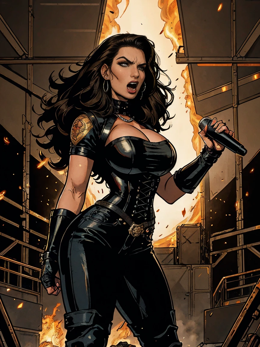 Extremely busty thin and toned brunette death metal singer, college girl, fair skin, big hair, hair pulled back, soft face, athletic, heavy makeup, piercings, black leather, studs, corset, boots, fingerless gloves, tight pants, chains. standing on a stage, pyrotechnics, holding a microphone, metal concert. (microphone, fist in the sky), angry, rage, screaming. Heavy metal. Death metal. Explosions, fire.