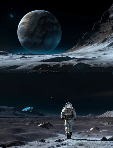  gigantic snowy icy white moon Europa on the surface . In the background immense galaxy and nebulae. Astronaut in space suit is walking on the icy desert surface of the moon Europa. In the scenario there are immense frozen mountains.
