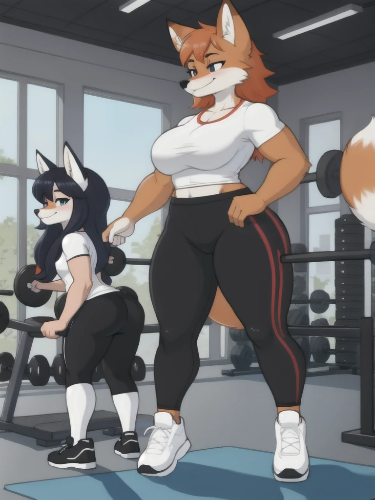 Furry, fox, female, white shirt, black leggings, shoes, gym, , standing, full body