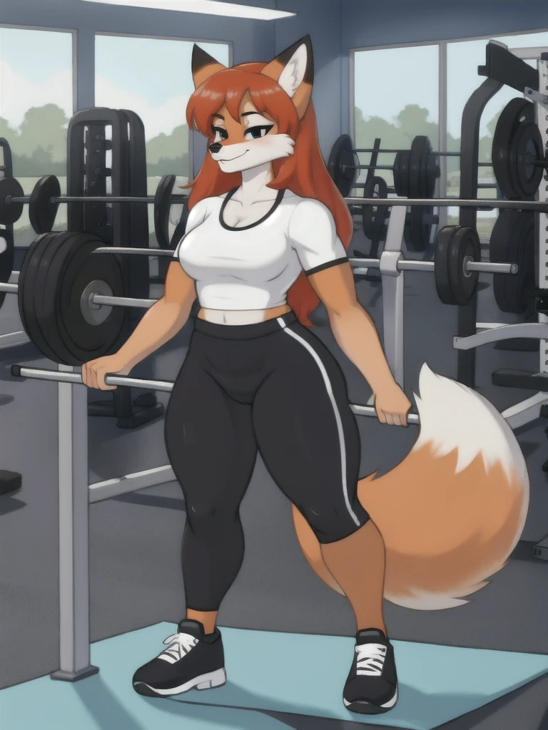 Furry, fox, female, white shirt, black leggings, shoes, gym, teen, standing, full body