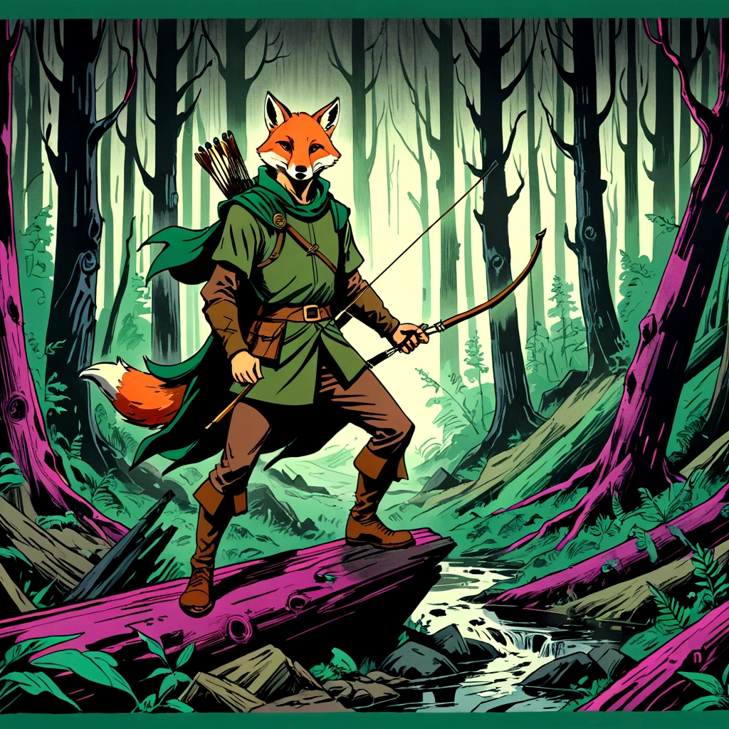 fox robin hood, Archer, animated, hand drawn, rotoscope, cinematic, expressive,  ink style figure, apocalyptic russian dense forest, VHS, glitch, distorted, nostalgia, 90's retro vibes, analog tape, vcr aesthetics, tv, television, hand drawn, (full roygbiv color) ink charcoal expressive illustration, no light source, darkness, light mask uv rays across face, splash page