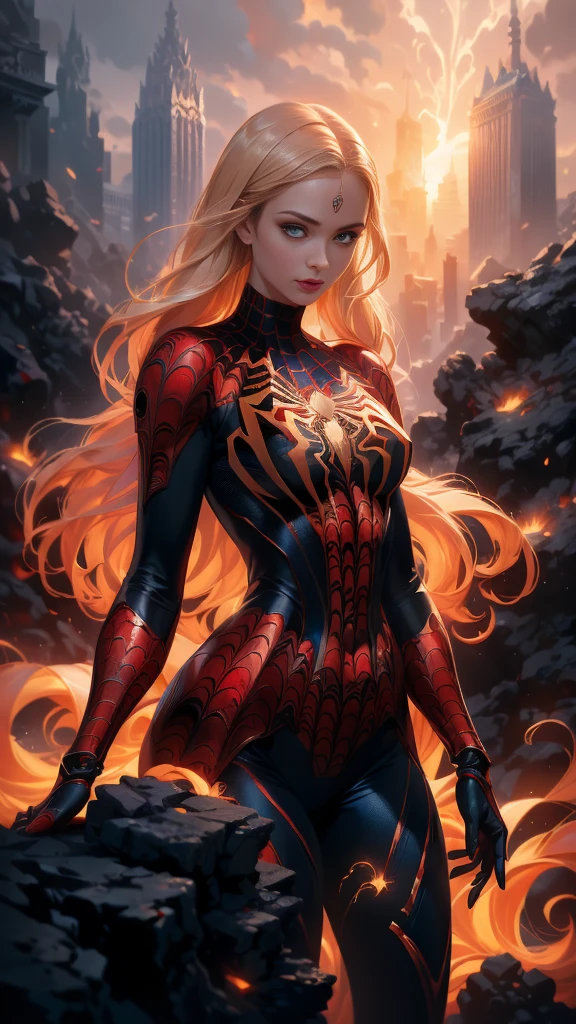 (1girl:1.3), Solo, (((Very detailed face)))), ((Very detailed eyes and face)))), Beautiful detail eyes, Body parts__, Official art, Unified 8k wallpaper, Super detailed, beautiful and beautiful, beautiful,(BodySuit látex Spiderman black :1.4), masterpiece, best quality, original, masterpiece, super fine photo, best quality, super high resolution, realistic realism, sunlight, full body portrait, amazing beauty, dynamic pose, delicate face, vibrant eyes, (from the front),( She wears Spider-Man suit:1.4) , (red and black color scheme:1.4) , spider, very detailed city roof background, rooftop, overlooking the city, detailed face, detailed complex busy background, messy, gorgeous, milky white, highly detailed skin, realistic skin details, visible pores, clear focus, volumetric fog, 8k uhd, DSLR, high quality, film grain, fair skin, photo realism, lomography, futuristic dystopian megalopolis, translucent, Epic Fantasy Art Style HD, 4K fantasy art, epic fantasy digital art style, epic fantasy art style, Fantasy Woman, epic fantasy art portrait, Epic fantasy style, hyperrealistic fantasy art, hd fantasy art, Epic fantasy character art, epic fantasy art, in style of dark fantasy art, epic fantasy digital art, (pose dinámica vaquero), (anatomía perfecta :1.4), (iluminación cinematográfica :1.4), (colores brillantes) 