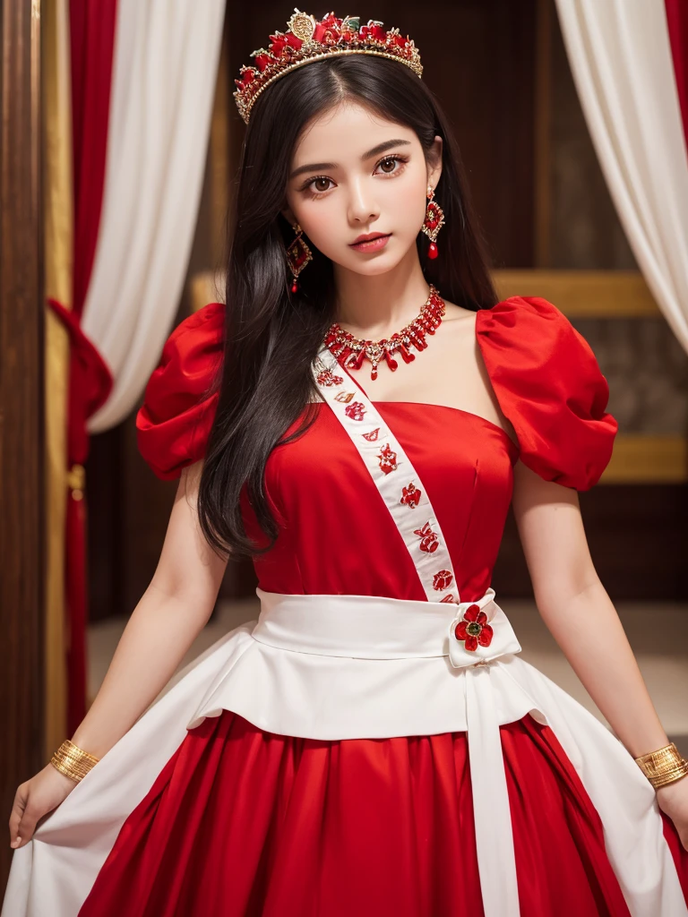 、Highest quality , sexy, Ultra-high resolution, RAW Photos, girl, indoor, White skin, Long Hair ,whole body,Black Hair、Red color clothes、National costume of the Republic of Angola、Red color crown、red necklace、Red wrist ornament、Red earrings、