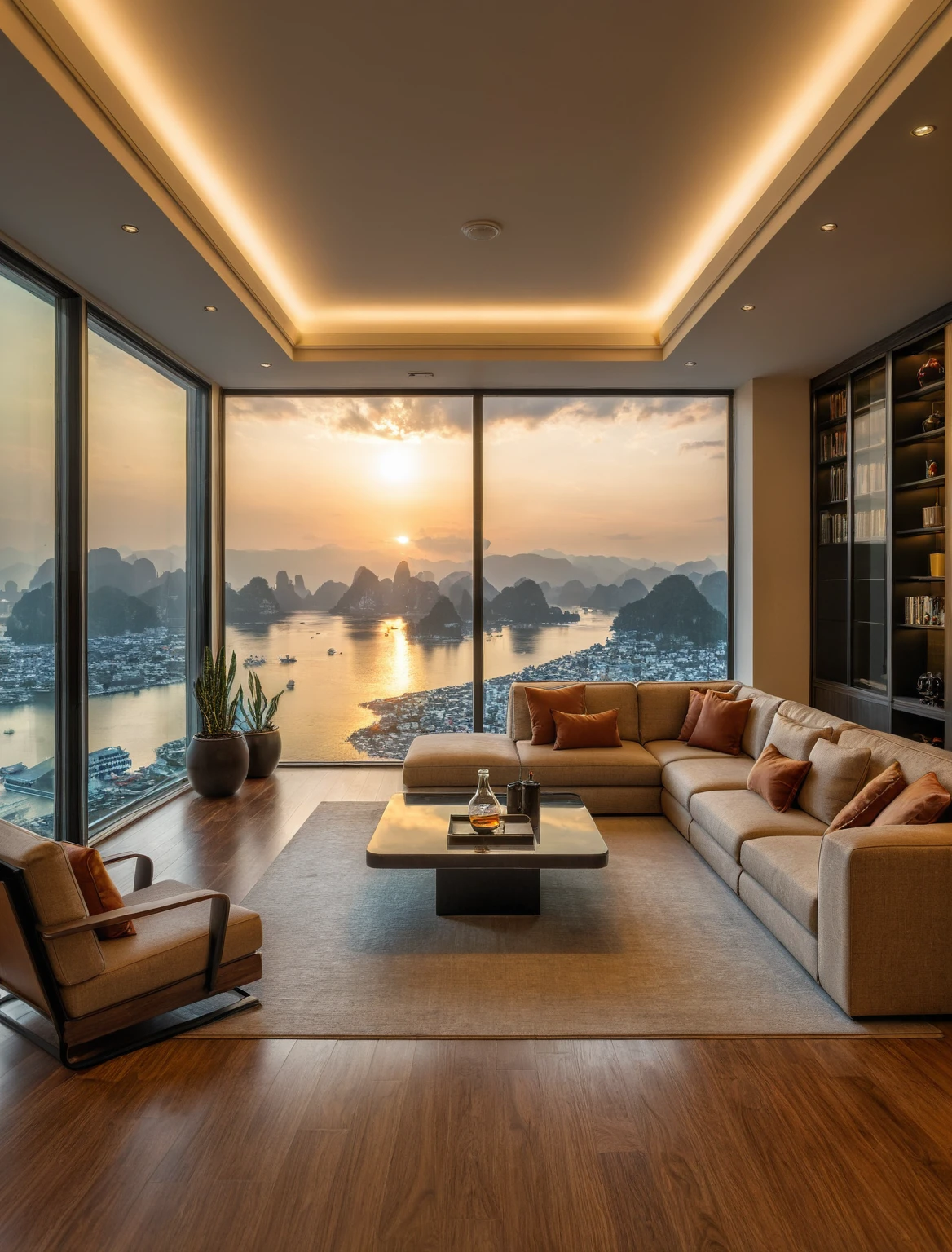 Raw photo,Masterpiece, high quality, best quality, authentic, super detail, interior, livingroom style modern, sunset, evening light, sofa, tea table, carpet, flower vase on tea table, wine bottle, tray, armchair, wine cabinet, books, glass cabinet doors, snake plant pot, downlight, windows overlooking the sunset halong bay, wooden floor, 