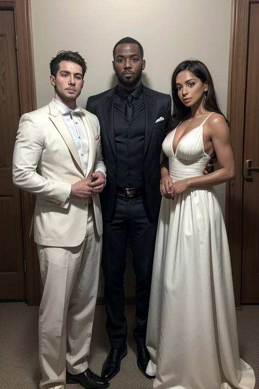 A woman and two men, one tall and dark, the other short and white