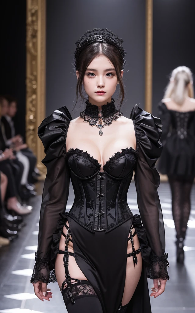 Victorian Cyber A design that combines Victorian aesthetics with cyberpunk。Corsets and frills、Costumes that combine lace with technology。The background is the gorgeous runway of Paris Fashion Week。