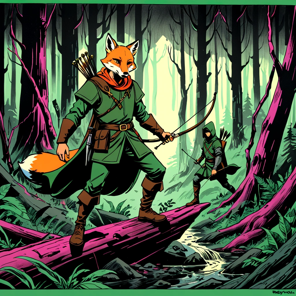 fox robin hood, Archer, animated, hand drawn, rotoscope, cinematic, expressive,  ink style figure, apocalyptic russian dense forest, VHS, glitch, distorted, nostalgia, 90's retro vibes, analog tape, vcr aesthetics, tv, television, hand drawn, (full roygbiv color) ink charcoal expressive illustration, no light source, darkness, light mask uv rays across face, splash page