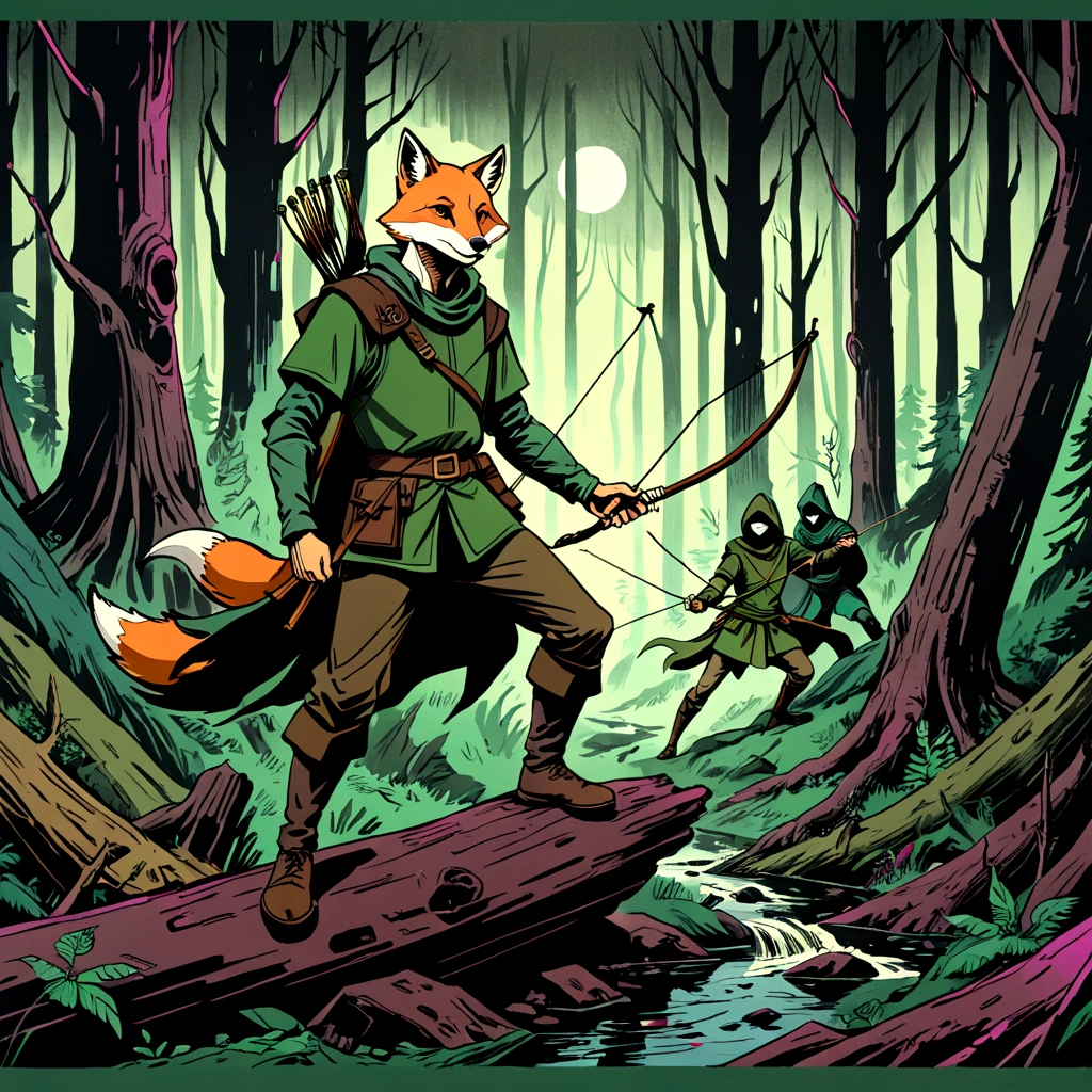 fox robin hood, Archer, animated, hand drawn, rotoscope, cinematic, expressive,  ink style figure, apocalyptic russian dense forest, VHS, glitch, distorted, nostalgia, 90's retro vibes, analog tape, vcr aesthetics, tv, television, hand drawn, (full roygbiv color) ink charcoal expressive illustration, no light source, darkness, light mask uv rays across face, splash page