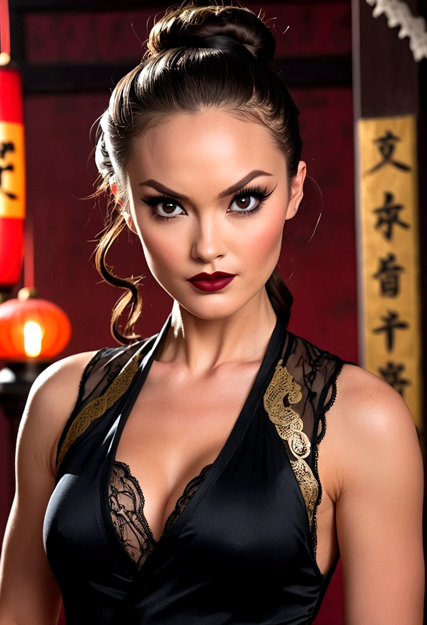 Tori Black asian ninja warrior holding sharp hairpins, ringlets wavy five feet long black hair, updo hairstyle with ponytail on one side and long hairpins holding the bun, dark red glossy lips, heavy black eye shadow long black eyeliner, long sharp nails, black lace beautiful and creative sleeveless ninja warrior bodysuit, huge cleavage, forehead lace ornament, posing in a Shaolin temple interior, happy expression, dark ambience night time candle lights. No faces on her chest!