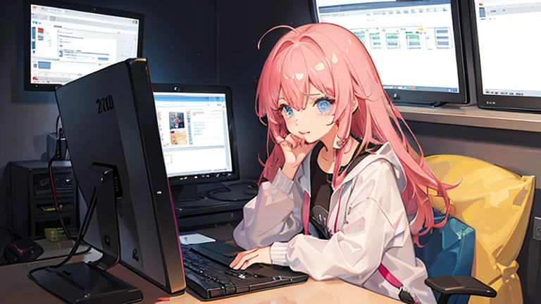 A cute girl character having trouble programming on a computer　An illustration　No cuts in sight