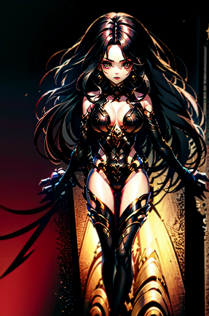 COMPLETELY BLACK BODY(#0000) **demon woman** with **RED EYES** with golden cat pupils, long silver hair, **TWO PAIRS TWO PAIRS OF HORNS**, TWO completely black and the other pair black with red lines to the base, ****with a crystal embedded in the center of the chest****, with the face and body full of a boreal trail and galaxies of multiple colors, showing the teeth in an intimidating way (sharp)