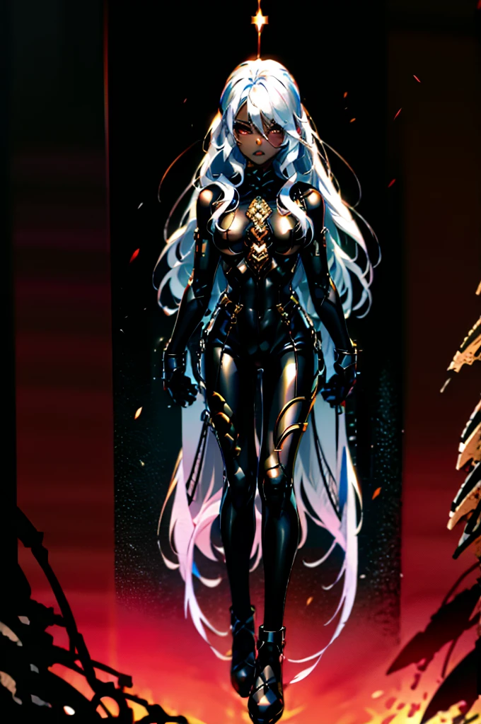 COMPLETELY BLACK BODY(#0000) **demon woman** with **RED EYES** with golden cat pupils, long silver hair, **TWO PAIRS TWO PAIRS OF HORNS**, TWO completely black and the other pair black with red lines to the base, ****with a crystal embedded in the center of the chest****, with the face and body full of a boreal trail and galaxies of multiple colors, showing the teeth in an intimidating way (sharp)
