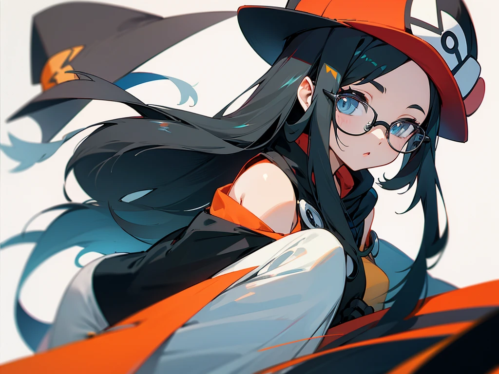 young woman, long black hair, glasses, Hat, pokemon trainer