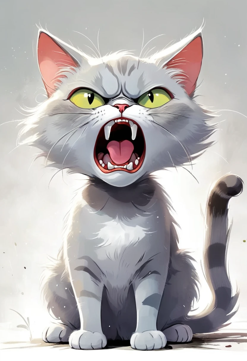 comics, A humor and Expressive cartoon of an angry grey cat, permanent,Pure white background, humor, Expressive, angry,