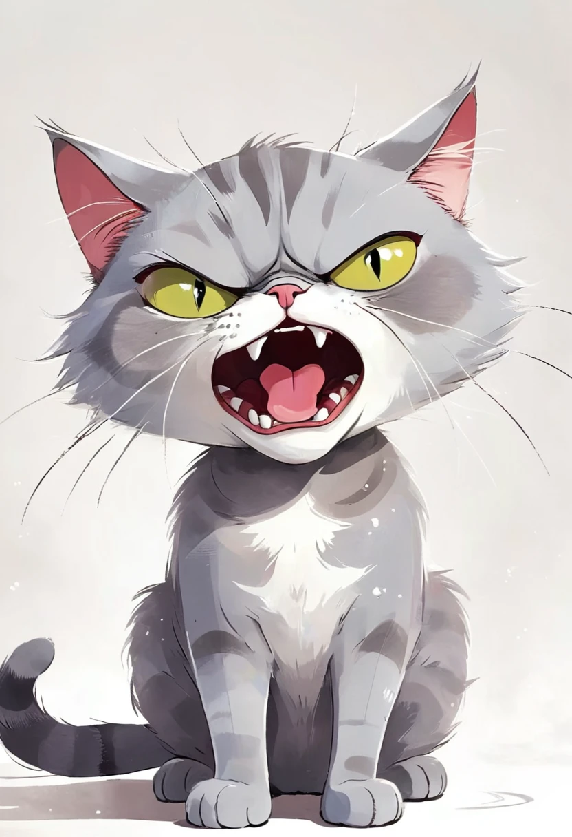 comics, A humor and Expressive cartoon of an angry grey cat, permanent,Pure white background, humor, Expressive, angry,