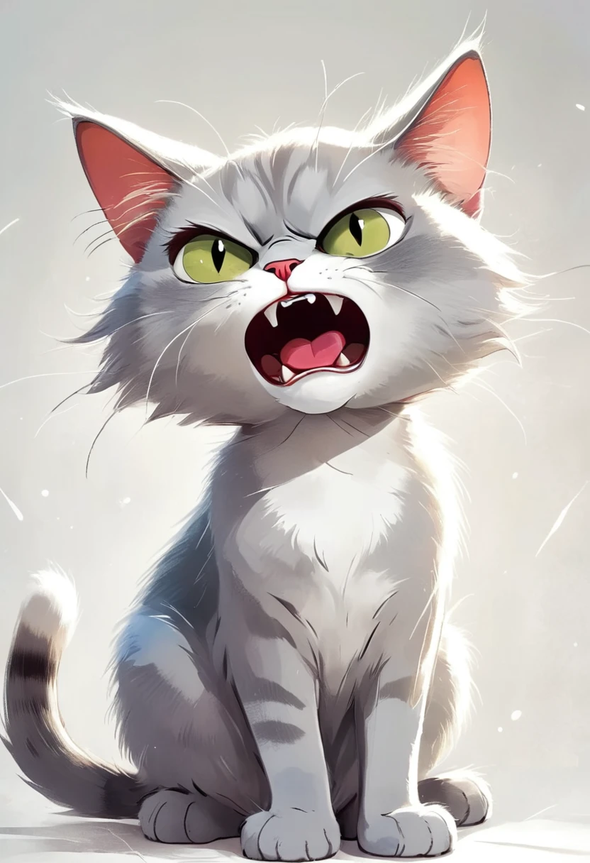 comics, A humor and Expressive cartoon of an angry grey cat, permanent,Pure white background, humor, Expressive, angry,