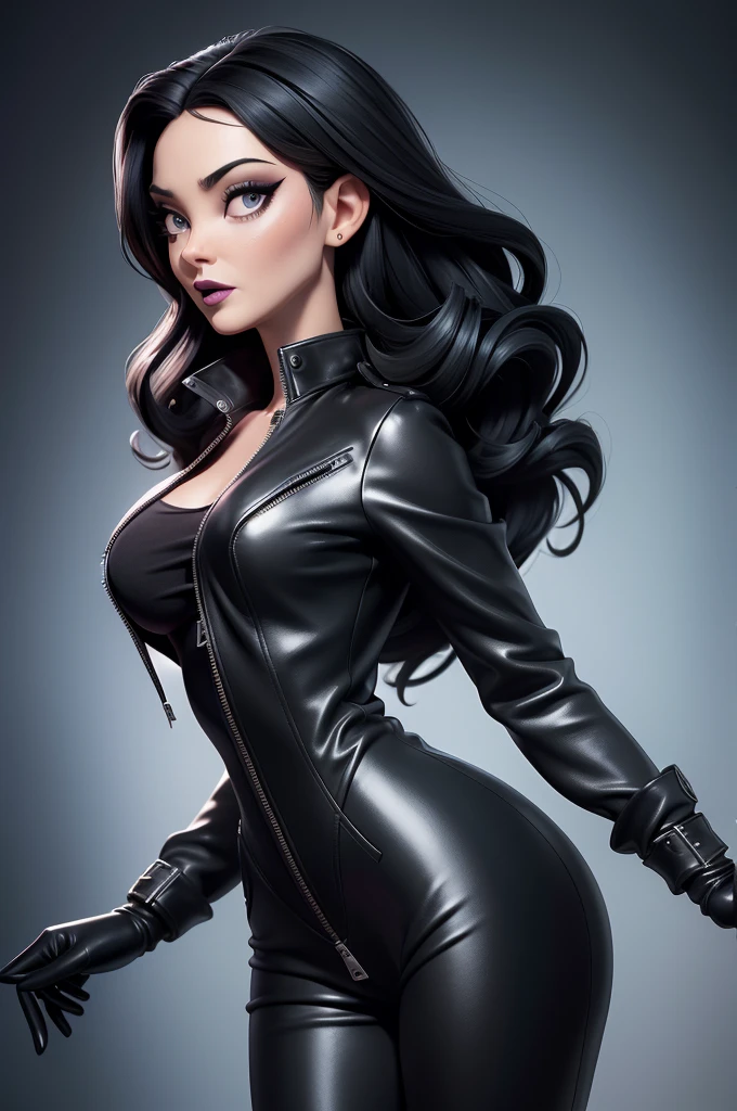obra prima, melhor qualidade, ((only one woman,)) ((carolyn jones morticia, totally straight black hair,)) head back, ((sexy sultry wicked look, shiny wet black lipstick, open mouth, pucker mouth,)) thick smoky black eye shadow, long fake eyelashes, ((wearing heavy leather biker blazer over blouse,)) ((jacket is unzipped and wide open,)) jacket has padded puff shoulders, shiny leather gloves, nip slip, body is skinny, shiny tight buttocks, arched back, (camera view of whole body,) looking up at me, shallow depth of field, highres, HD, 8k, anatomically correct