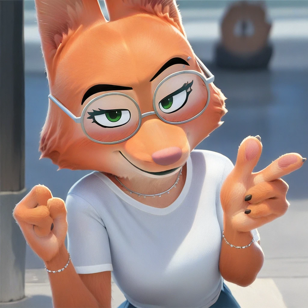 score_9, score_8_up, score_7_up, score_6_up, score_5_up, score_4_up, Diane_Foxington, fox, red fur, emerald eyes, black lipstick, accentuated black eyebrows, silver eyebrow piercings, dusty pink nose, black eyelashes, 4 fingers, white t-shirt with a v in the part of the chest, glasses, tired, but happy, with a proud looking at viewer, a little blush in her face, smiling, giving a thumbs up with her hand