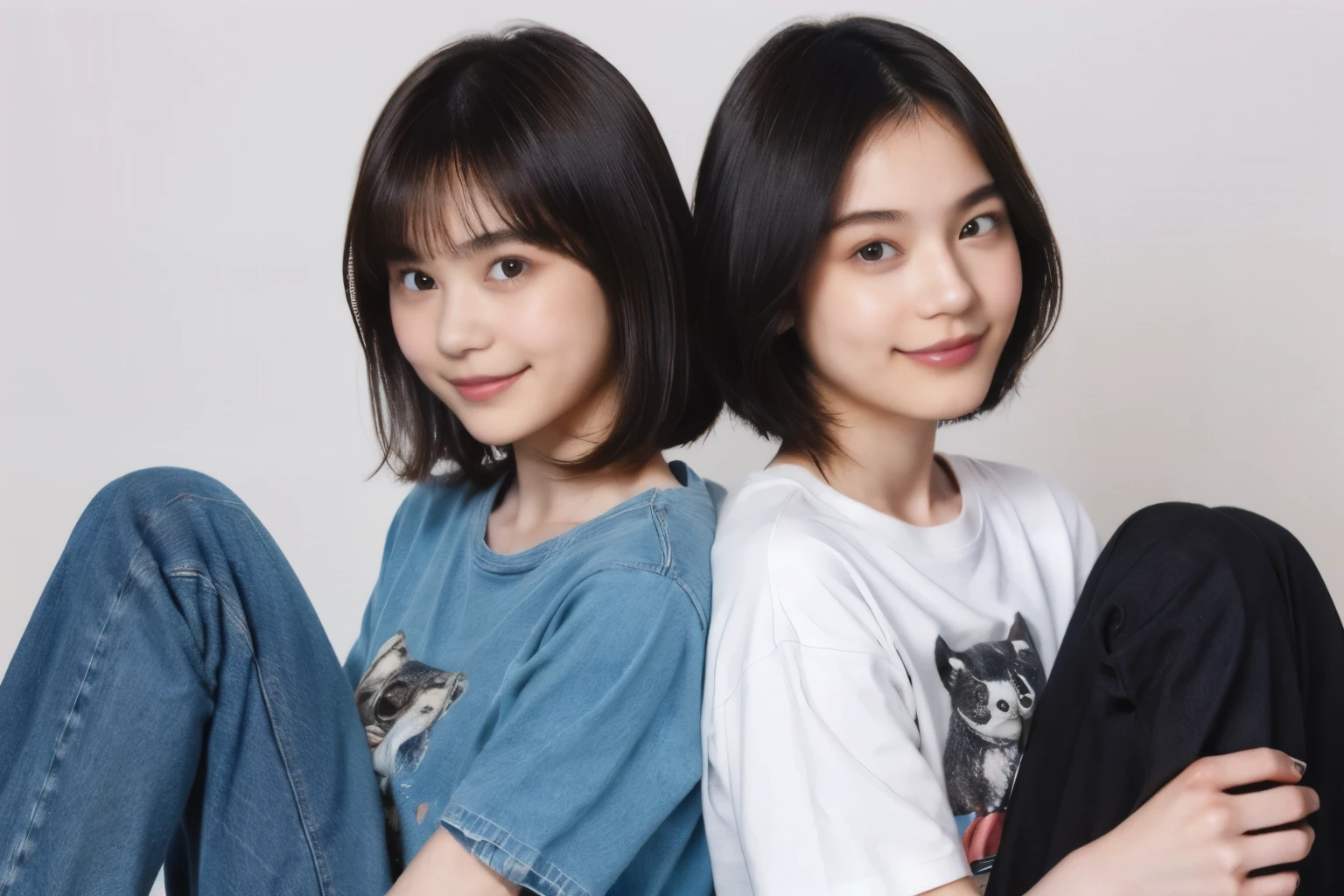 250 (An 18-year-old female and an 18-year-old male), (short hair),kind, lipstick, (jeans), (Animal characterTshirt), smile