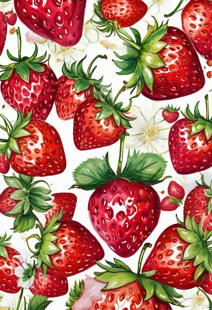 a Seamless pattern of strawberrys and lips painted in watercolor on a white background, Seamless pattern design, Crushed Berry Stains, Red Mouth, forever strawberry field, Open your mouth, big Red lips, Repeating pattern. Seamless, Red lips, The fight with strawberries