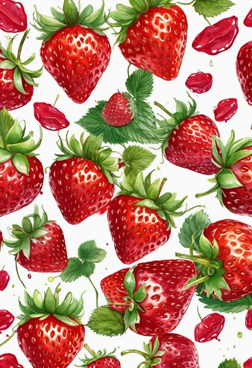 a Seamless pattern of strawberrys and lips painted in watercolor on a white background, Seamless pattern design, Crushed Berry Stains, Red Mouth, forever strawberry field, Open your mouth, big Red lips, Repeating pattern. Seamless, Red lips, The fight with strawberries