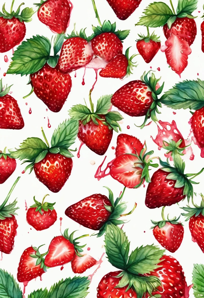 a Seamless pattern of strawberrys and lips painted in watercolor on a white background, Seamless pattern design, Crushed Berry Stains, Red Mouth, forever strawberry field, Open your mouth, big Red lips, Repeating pattern. Seamless, Red lips, The fight with strawberries
