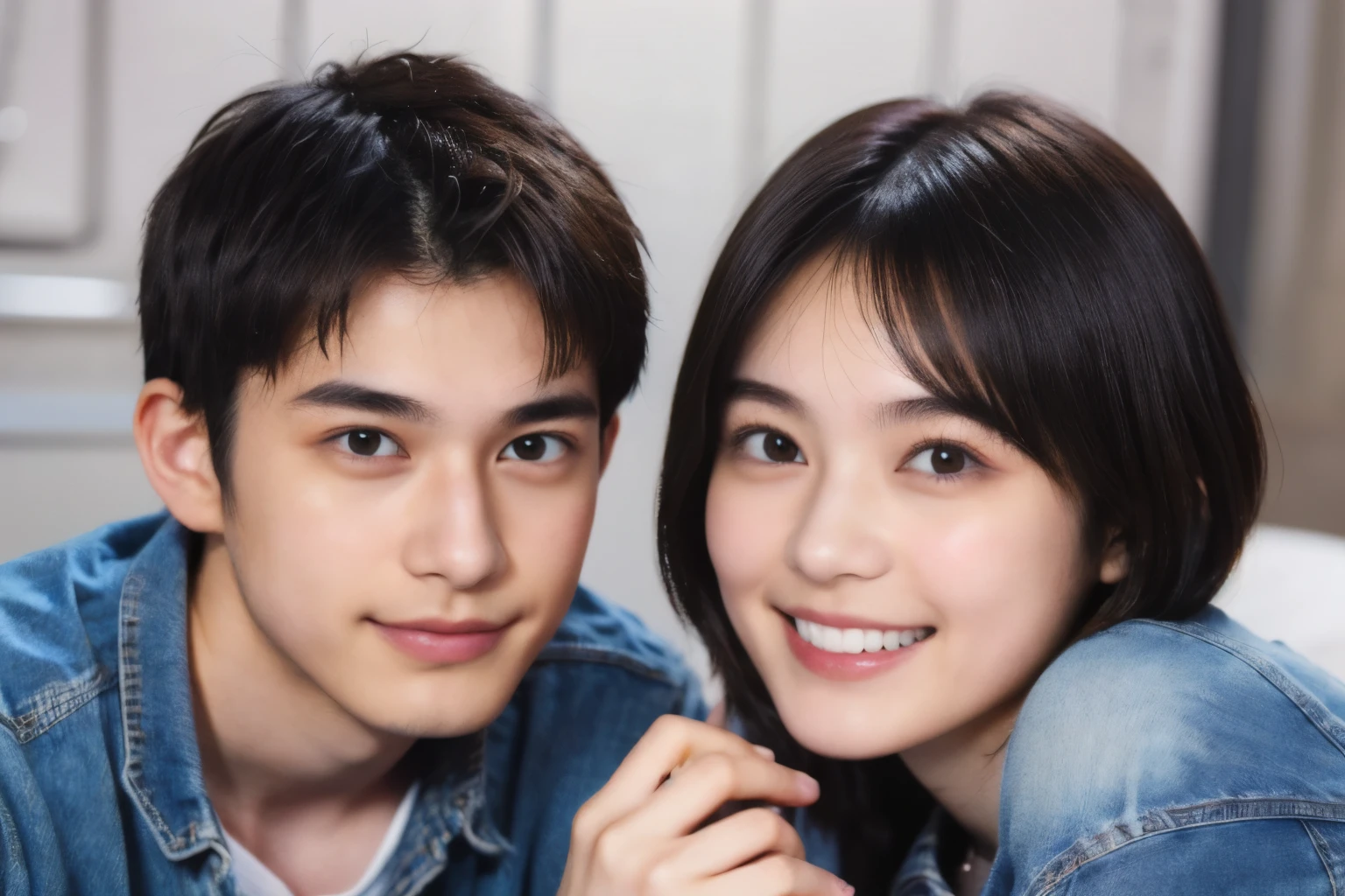 250 (An 18-year-old female and an 18-year-old male), (short hair),kind, lipstick, (jeans), (Animal characterTshirt), smile