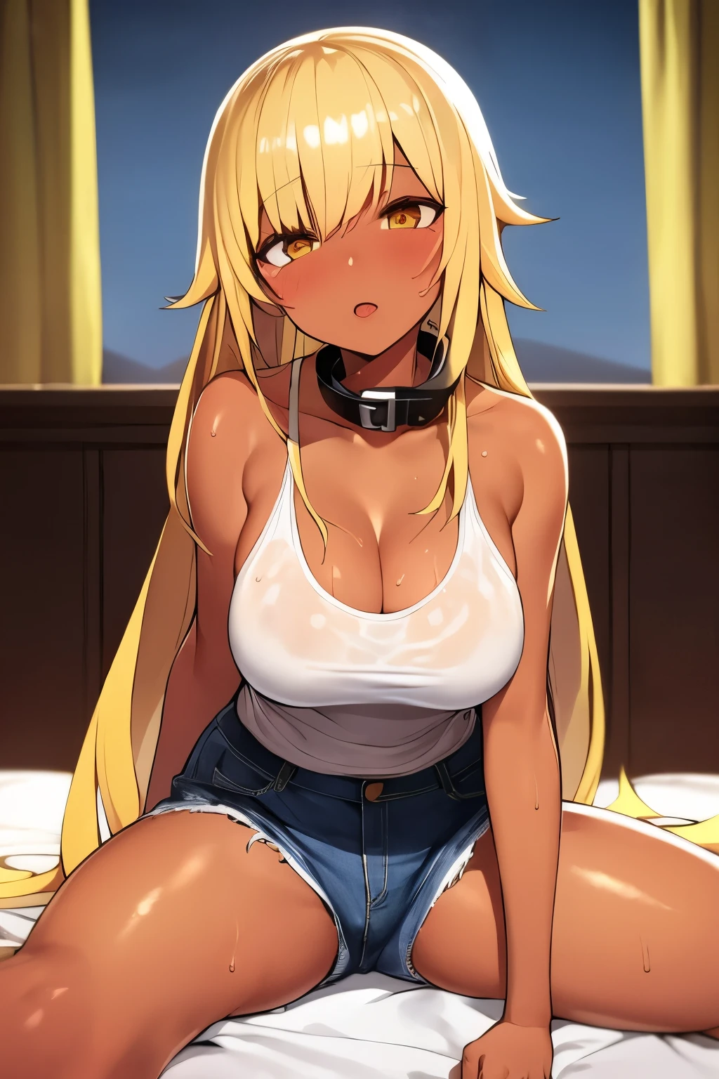 2D, Top quality, (Masterpiece), (Full length), (Glossy blonde hair:1.6), Short cut, (Brown beauty), (Healthy dark skin), (Suntan mark), Collar bone, (Denim hot pants), (Tank top), JK, Glowing bare legs, Shank hair, Brown eyes, Attractive thighs, Large breasts, Bed Room, On bed, light from window, erotic look, sweaty, wet hair, drop from hair, can in right hand, breathless, bold pose