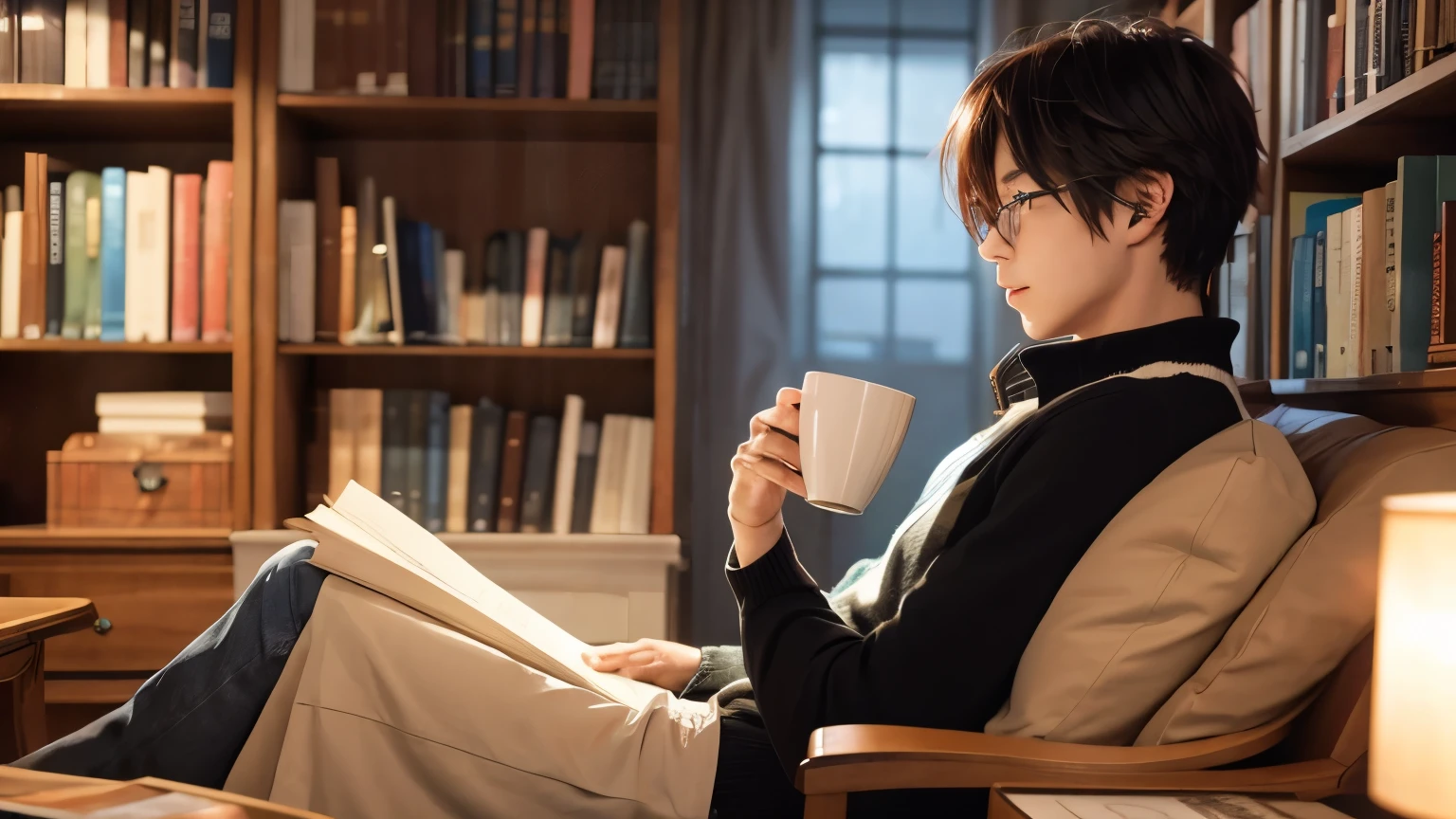 male、Study、Surrounded by books、Drinking coffee and reading a book、Anime illustration