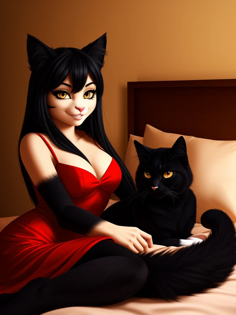 Posing, Female, 30 years old, cute, eyeliner, long hair, biting lip smile, red dress, bedroom eyes, anthro, cat ears, (black fur:1.5),cat, bedroom background, 8k, hi res, (best quality, masterpiece), amber eyes, lying in bed, cat tail