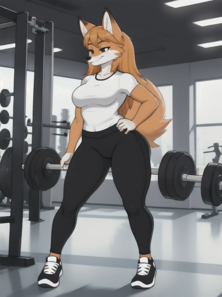 Furry, fox, female, white shirt, black leggings, shoes, gym, teen, standing, full body