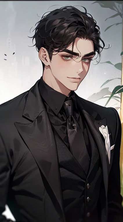 ((a young man in a black suit and tie)), taken at the beginning of 2020, Gotham, alexander, he looks very sophisticated, (((short black hair combed to the left side))), (dark green eyes and thick eyebrows), pretentious smile. ((20 years old)), ((Black suite and black tie)), work of art, dynamic posture, A person, ((brown skin))