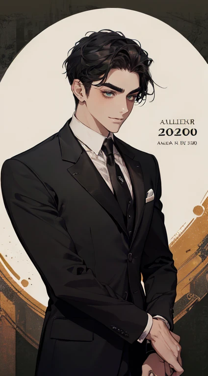 ((a young man in a black suit and tie)), taken at the beginning of 2020, Gotham, alexander, he looks very sophisticated, (((short black hair combed to the left side))), (dark green eyes and thick eyebrows), pretentious smile. ((20 years old)), ((Black suite and black tie)), work of art, dynamic posture, A person, ((brown skin))