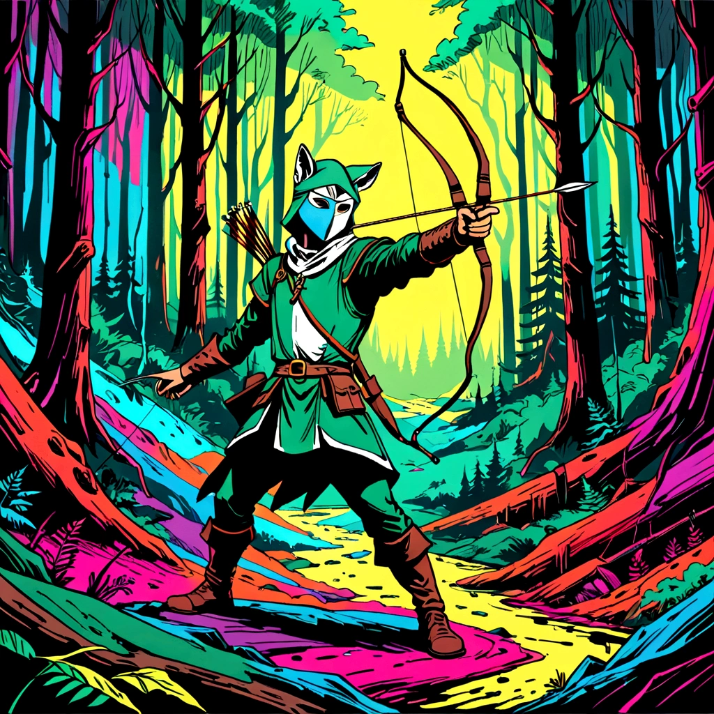 fox robin hood, Archer, animated, hand drawn, rotoscope, cinematic, expressive,  ink style figure, apocalyptic russian dense forest, VHS, glitch, distorted, nostalgia, 90's retro vibes, analog tape, vcr aesthetics, tv, television, hand drawn, (full roygbiv color) ink charcoal expressive illustration, no light source, darkness, light mask uv rays across face, splash page