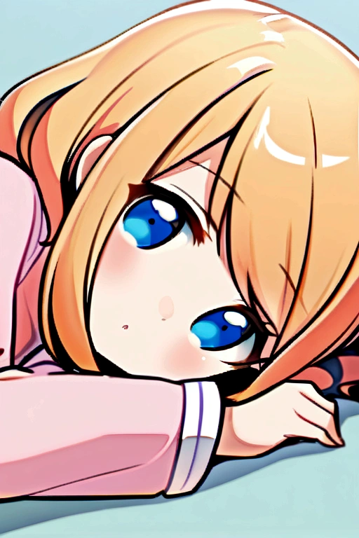 cute girl, blue colored eyes, orange cropped hair, Linda, lying down, pink pajamas