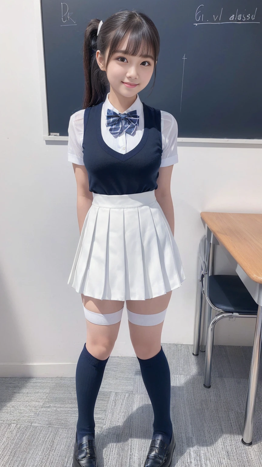 8x_NMKD-Super Scale_150000_G),(8K, super high quality,Highest quality),(masterpiece:1.5),(From below:1.0),(whole body),Girl Standing In School Classroom,(A bow tie,White dress shirt,Checkered Pleated Skirt),((Navy Knee Socks)),smile,Beautiful legs,Low Ponytail