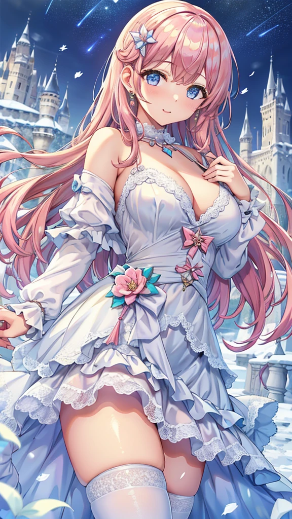 Masterpiece、Highest quality、Super detailed、1 girl、Light pink hair、Fluffy and soft long hair、Starry Skyのような瞳、Big Tits、Cleavage、The underboob is visible、Lace Underwear、Castle、snow、Starry Sky、Shimmering dresses、smile、Earrings、choker、Lace cape、Light blue fluffy dress、Composition seen from below、The underboob is visibleドレス