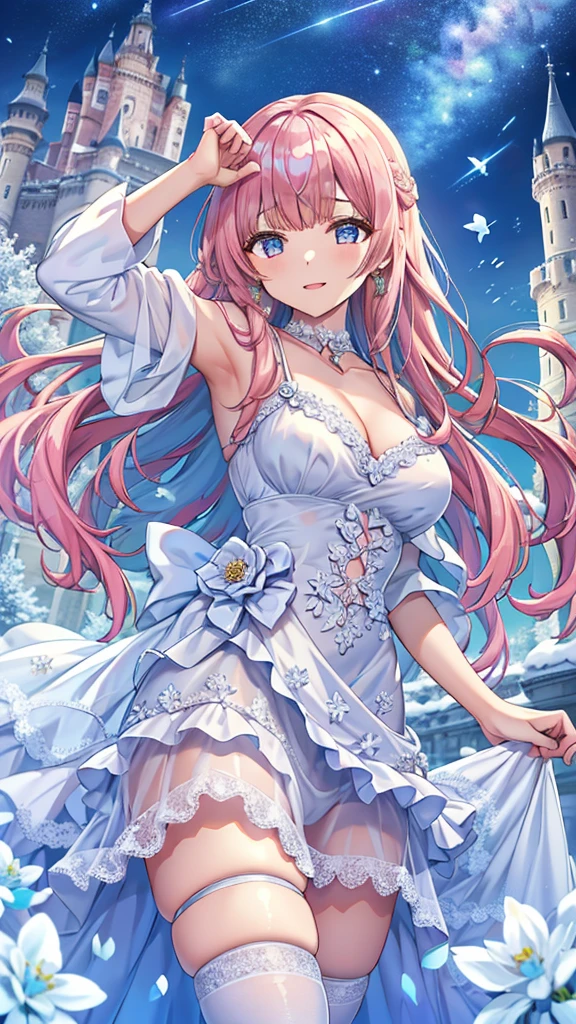 Masterpiece、Highest quality、Super detailed、1 girl、Light pink hair、Fluffy and soft long hair、Starry Skyのような瞳、、Cleavageerboob is visible、Lace Underwear、Castle、snow、Starry Sky、Shimmering dresses、smile、Earrings、choker、Lace cape、Light blue fluffy dress、Composition seen from below、The underboob is visibleドレス