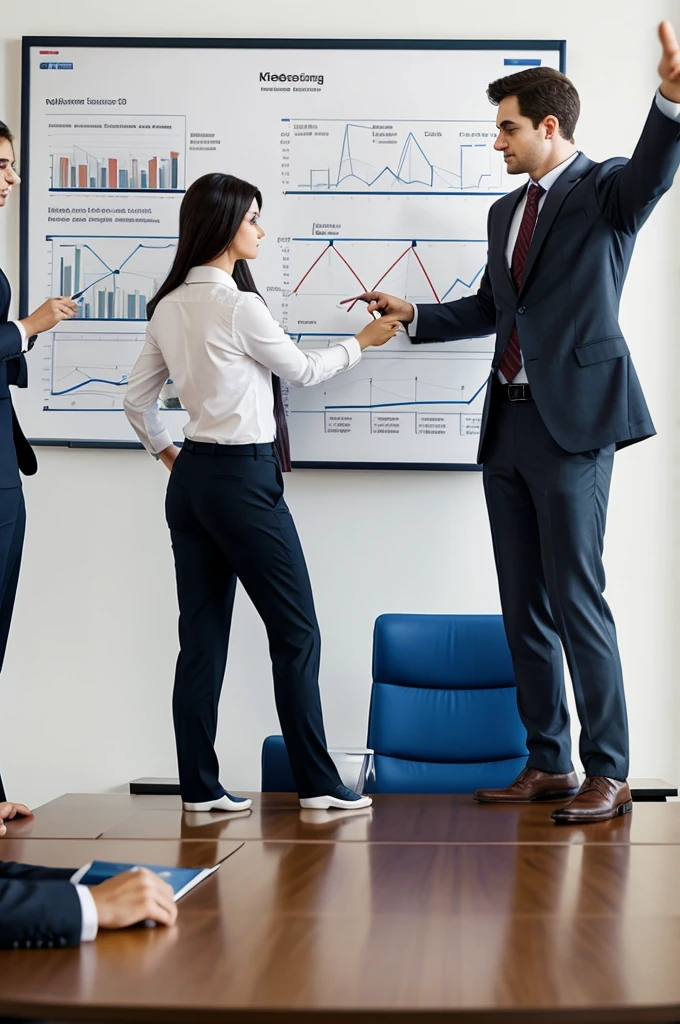 characters: Man and woman at a meeting.
	• Description: Arguing with graphs and papers.
	• Era: present.
	• Outfit: business casual.
	• Place: Meeting room.
	• Action: Pointing out graphs on a table.
	• Fund: Whiteboard with more graphs and diagrams.
	• Plan type: Joint plan.
	• Style: realistic photography.