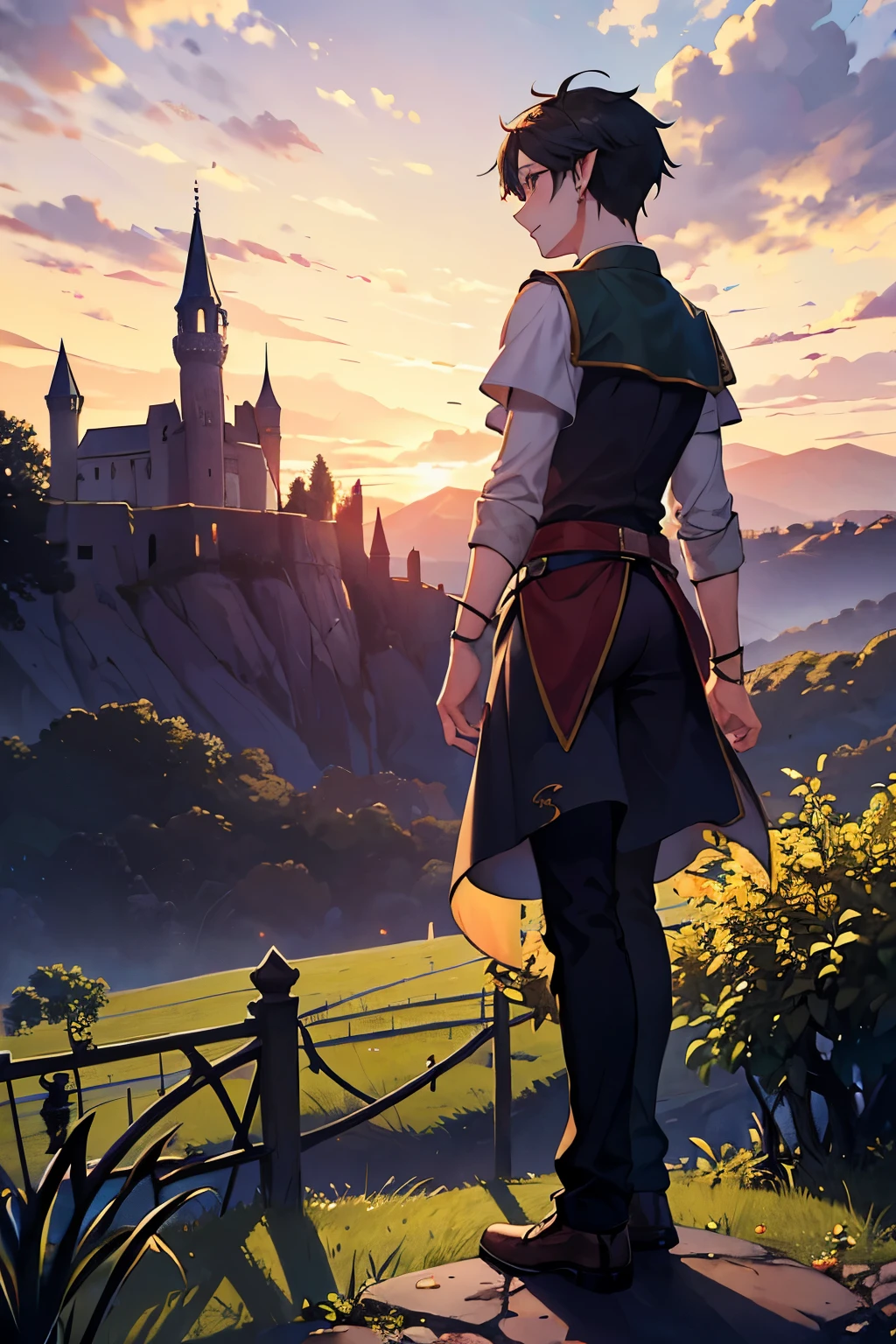 boy, full body, elf, collapsed castle, twilight, vineyard in the foreground,(((boy))), swaying in the wind,