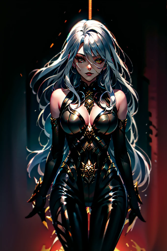 COMPLETELY BLACK BODY(#0000) **demon woman** with **RED EYES** with golden cat pupils, long silver hair, **TWO PAIRS TWO PAIRS OF HORNS**, TWO completely black and the other pair black with red lines to the base, ****with a crystal embedded in the center of the chest****, with the face and body full of a boreal trail and galaxies of multiple colors, showing the teeth in an intimidating way (sharp)
