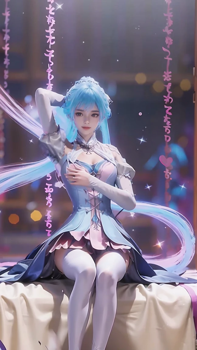 (((1 girl)),Ray tracing,(Dim Lights),[Detailed background (bedroom)),((Slim Girl))) Starry sky background，((((Girls wear dresses, With transparent stockings), Show off your exquisite figure and graceful curves, correct limbs, Sitting on the bed，Put your hands behind your head, Put your hands behind your head，Double tail，Colored hair，Light blue hair