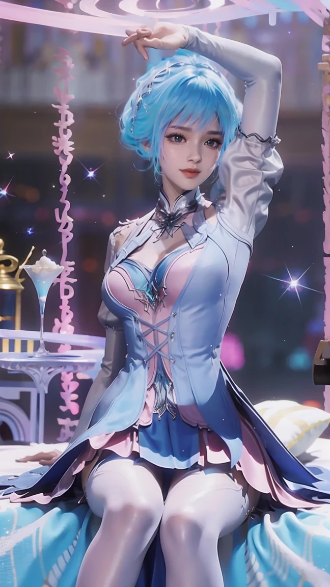 (((1 girl)),Ray tracing,(Dim Lights),[Detailed background (bedroom)),((Slim Girl))) Starry sky background,((((Girls wear dresses, With transparent stockings), Show off your exquisite figure and graceful curves, correct limbs, Sitting on the bed,Put your hands behind your head, Put your hands behind your head,Double tail,Colored hair,Light blue hair