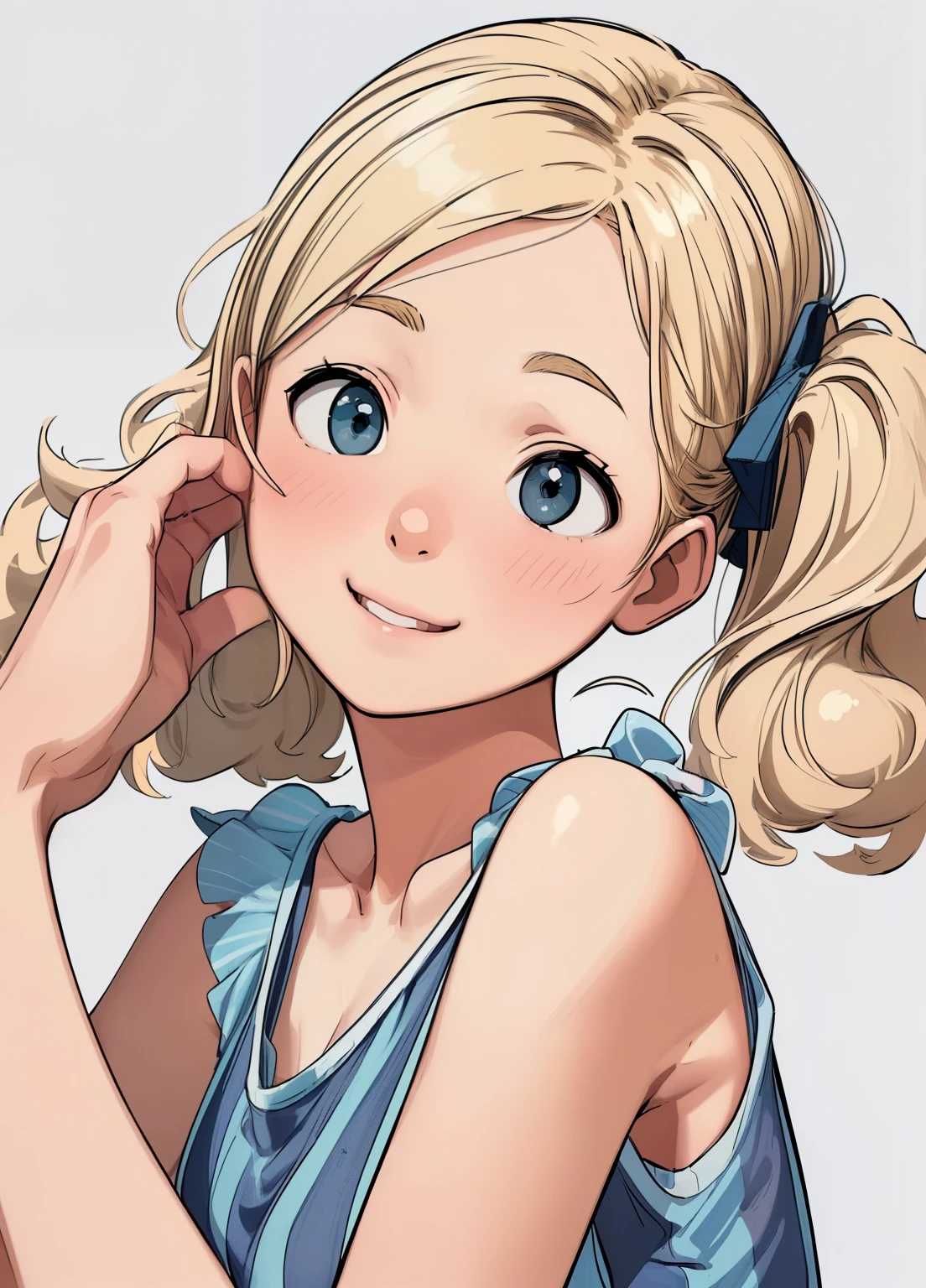 (masterpiece、Highest quality、Highest quality、Official Art、Beautiful and beautiful:1.2)、(One girl:1.3)Hatsune Miku、Twin tails,Beautiful breasts,(Highest quality、8K、32k、masterpiece)、(Realistic)、(Realistic:1.2)、(High resolution)、Very detailed、Very beautiful face and eyes、1 Girl、Round and small face、Tight waist、Delicate body、(close、Highest quality、Attention to detail、Rich skin detail)、(Highest quality、8K、Oil paint:1.2)、(Realistic、Realistic:1.37)、Bright colors、(((blonde)))、(((Bust Shot)))、(((Medium Hair)))、(((Loose and fluffy perm)))、(((White wall background)))、(((Please touch your lips with your left hand.)))、(((Laughter)))、(((blonde)))、(((Striped tank top)))、(((Blue and black tank top)))