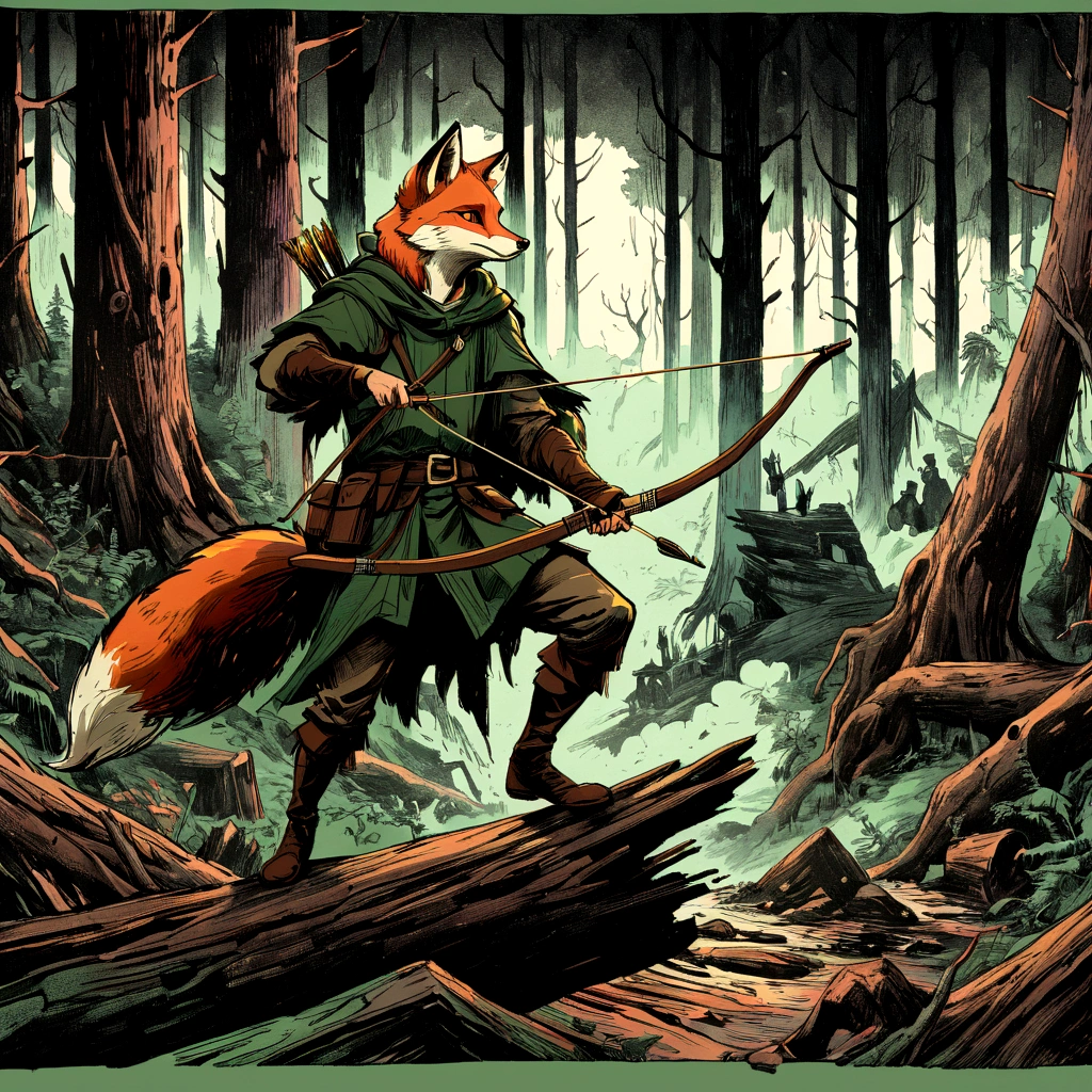 fox robin hood, Archer, animated, hand drawn, rotoscope, cinematic, expressive,  ink style figure, apocalyptic russian dense forest, VHS, glitch, distorted, nostalgia, 90's retro vibes, analog tape, vcr aesthetics, tv, television, hand drawn, (full roygbiv color) ink charcoal expressive illustration, no light source, darkness, light mask uv rays across face, splash page